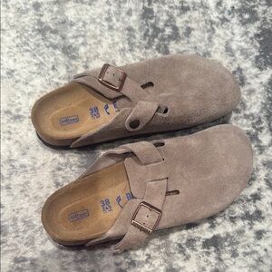 Birkenstock Taupe Suede Clogs with Buckles